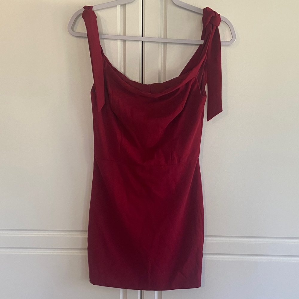 Red Tie-Shoulder Cowl Neck Mini Dress
